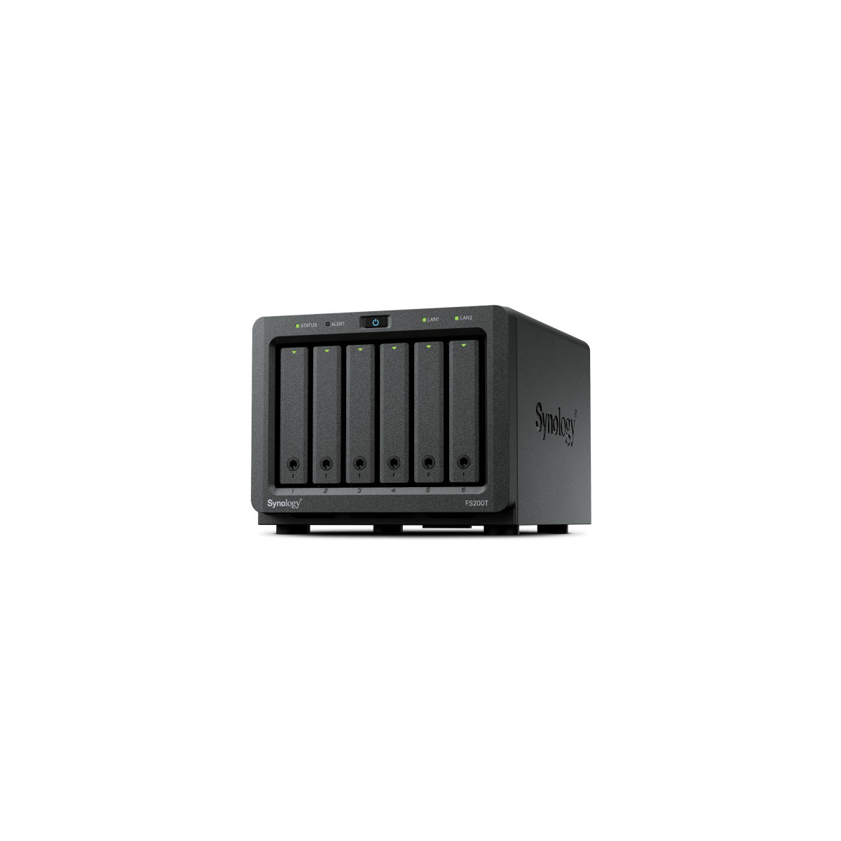 Ein schwarzes Synology FS200T NAS-Gerät mit sechs vertikalen Laufwerksschächten und Statusleuchten auf weißem Hintergrund.