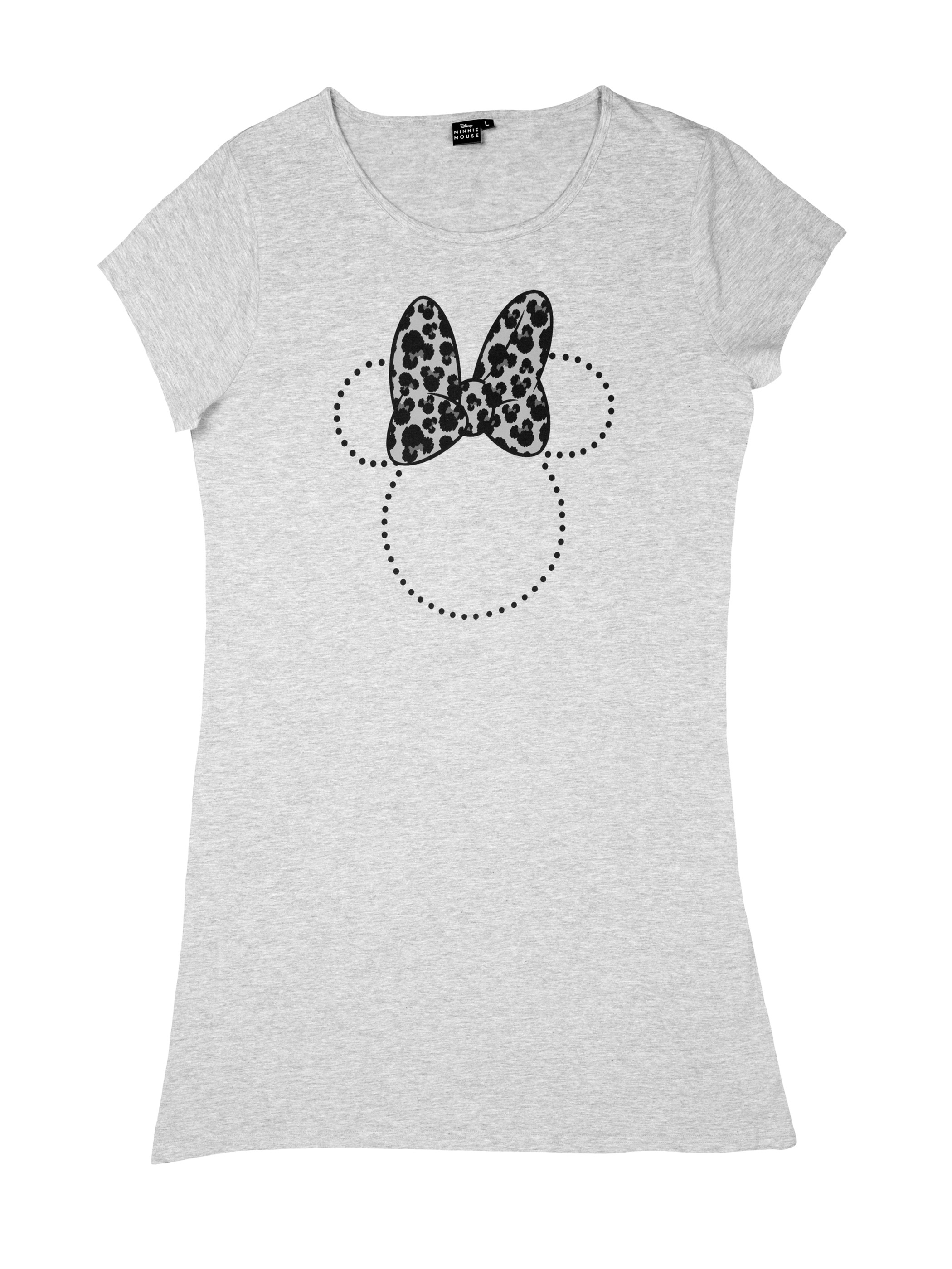 Graues Damen-T-Shirt mit Minnie-Maus-Motiv, bestehend aus einer Leoparden-Schleife und gepunkteten Umrissen.