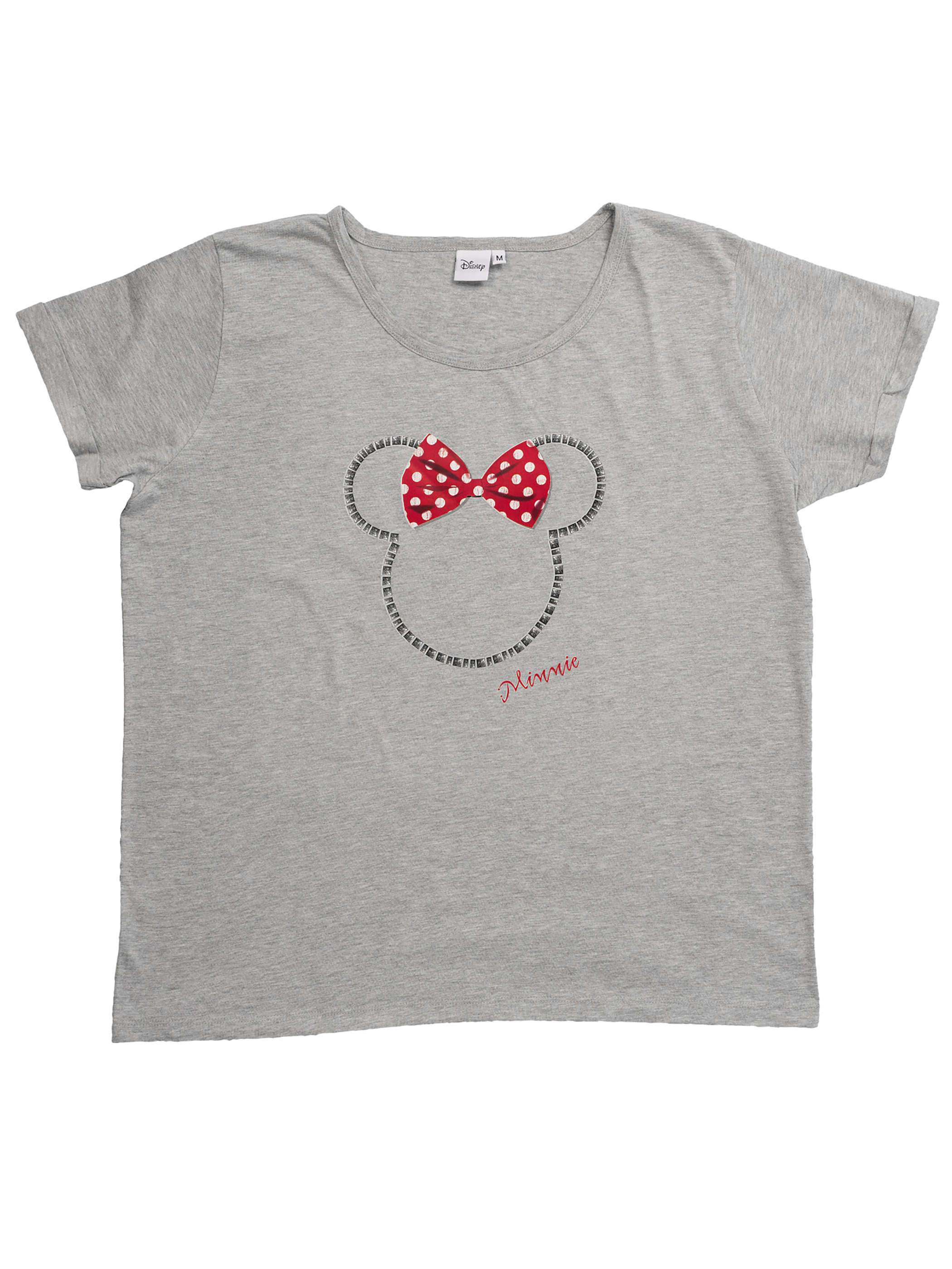 Graues Damen-T-Shirt mit Minnie-Maus-Silhoette aus Glitzersteinen und roter gepunkteter Schleife.
