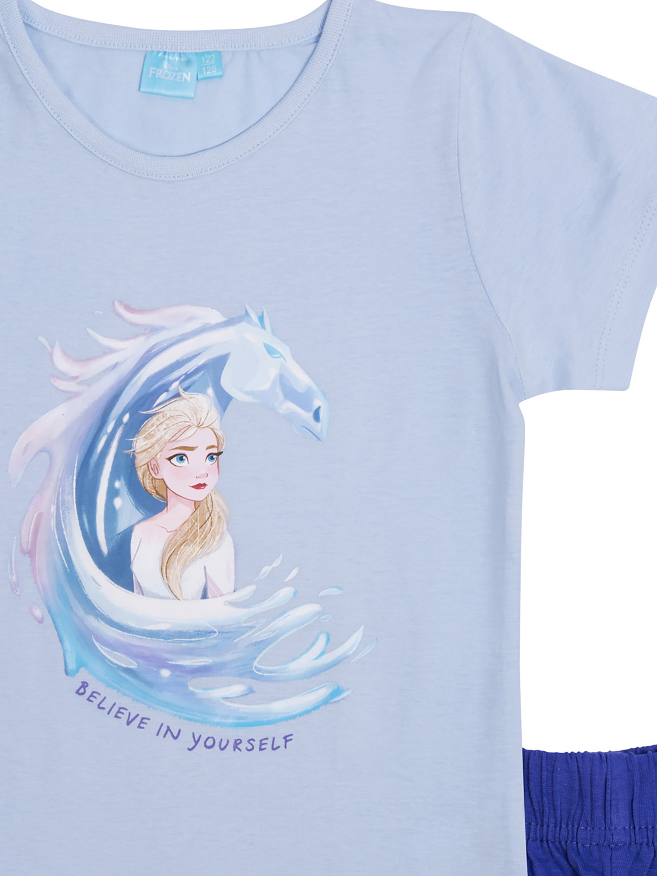Ein hellblaues Frozen-T-Shirt mit Elsa und einer Wassergrafik sowie dem Text BELIEVE IN YOURSELF.