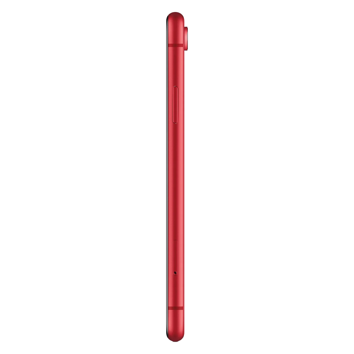 Side view of a red smartphone with a power button against a black background.