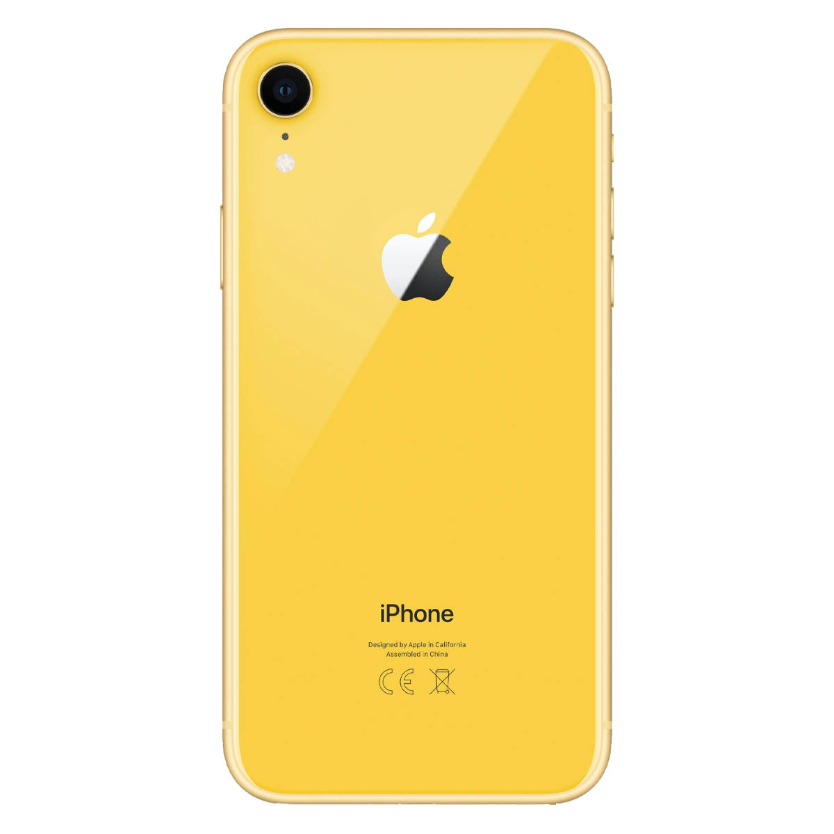 Retro di uno smartphone giallo con fotocamera, logo Apple e scritta iPhone su sfondo nero.