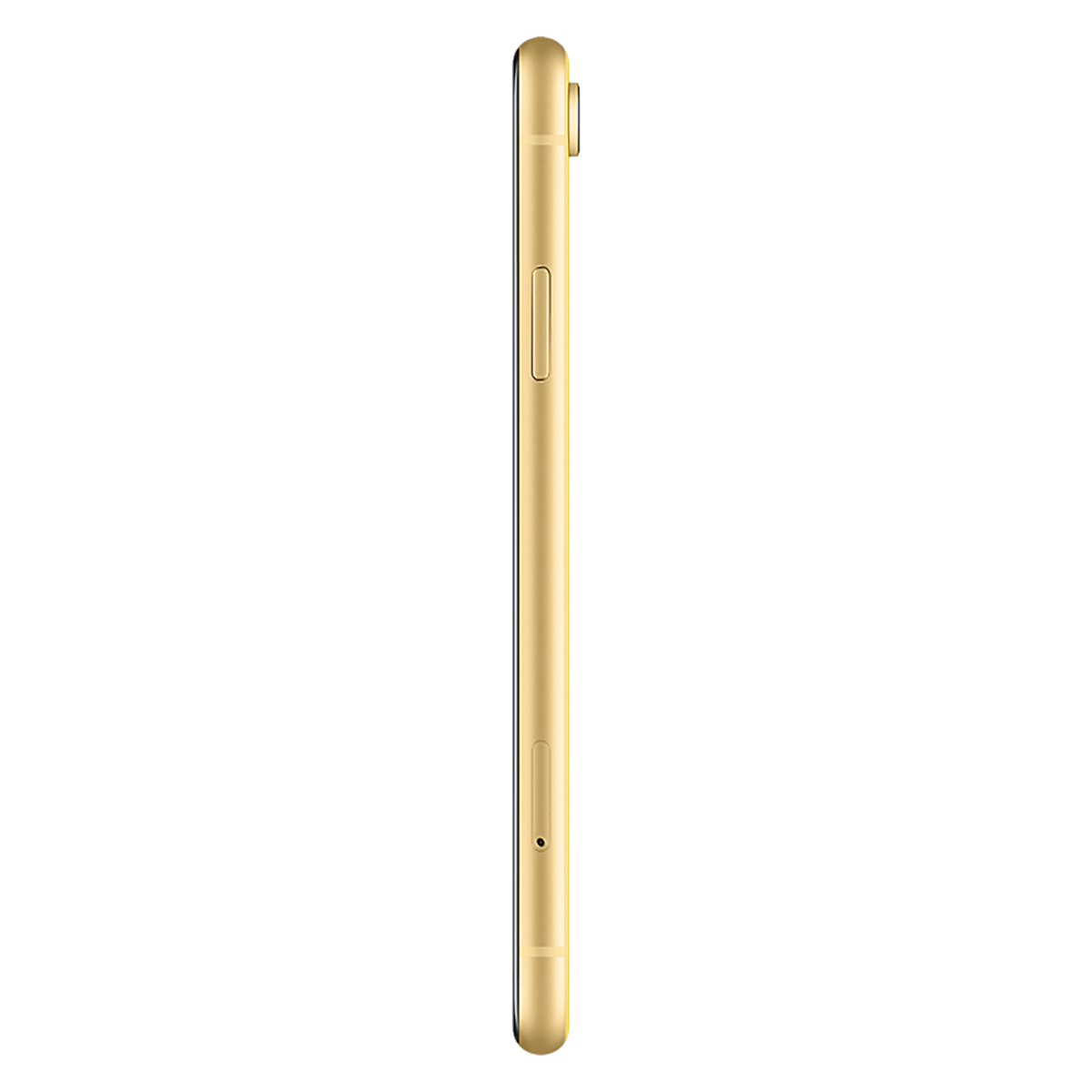 Vista laterale di uno smartphone oro con tasti del volume e slot SIM su sfondo nero.