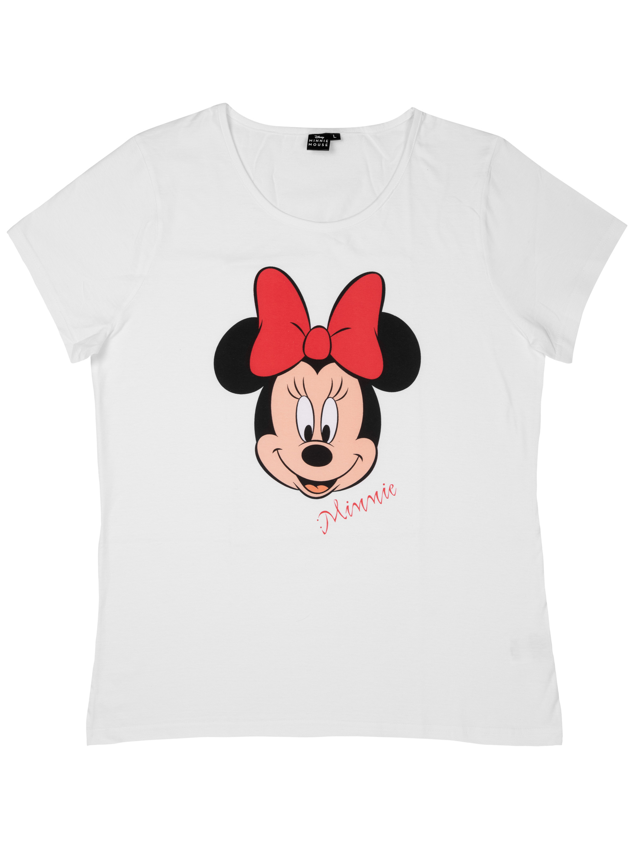 Weißes Damen-T-Shirt mit großem Minnie-Maus-Gesicht und roter Schleife auf der Vorderseite.