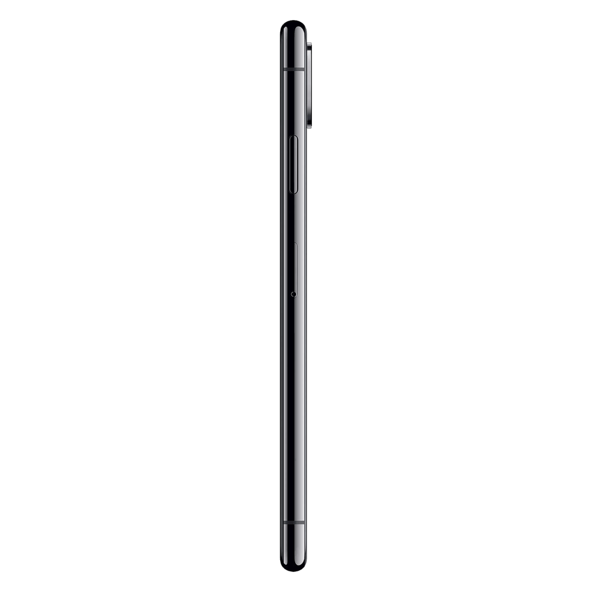 Side view of a black smartphone against a black background, showing side buttons and camera bump.