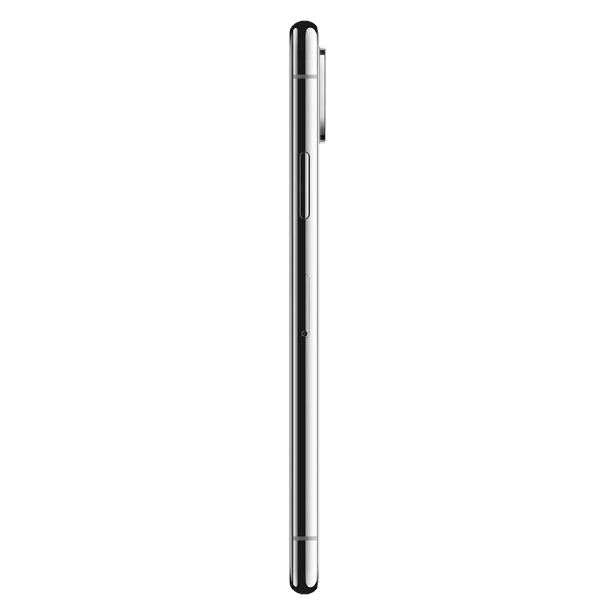 Vista laterale di uno smartphone argento con pulsanti su sfondo nero.