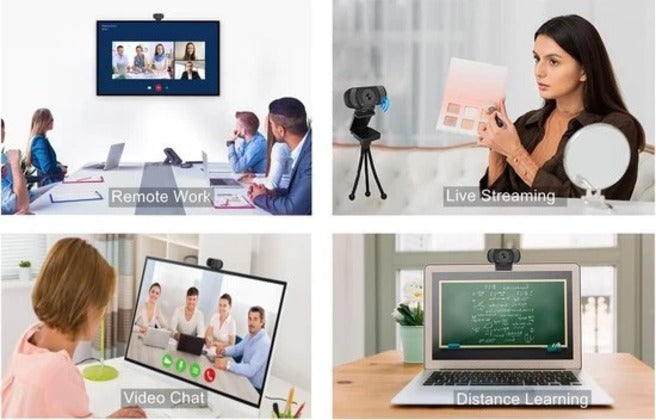 Vier Panels zeigen Webcam-Nutzung: Remote-Arbeit, Live-Streaming, Videochat und Fernunterricht.