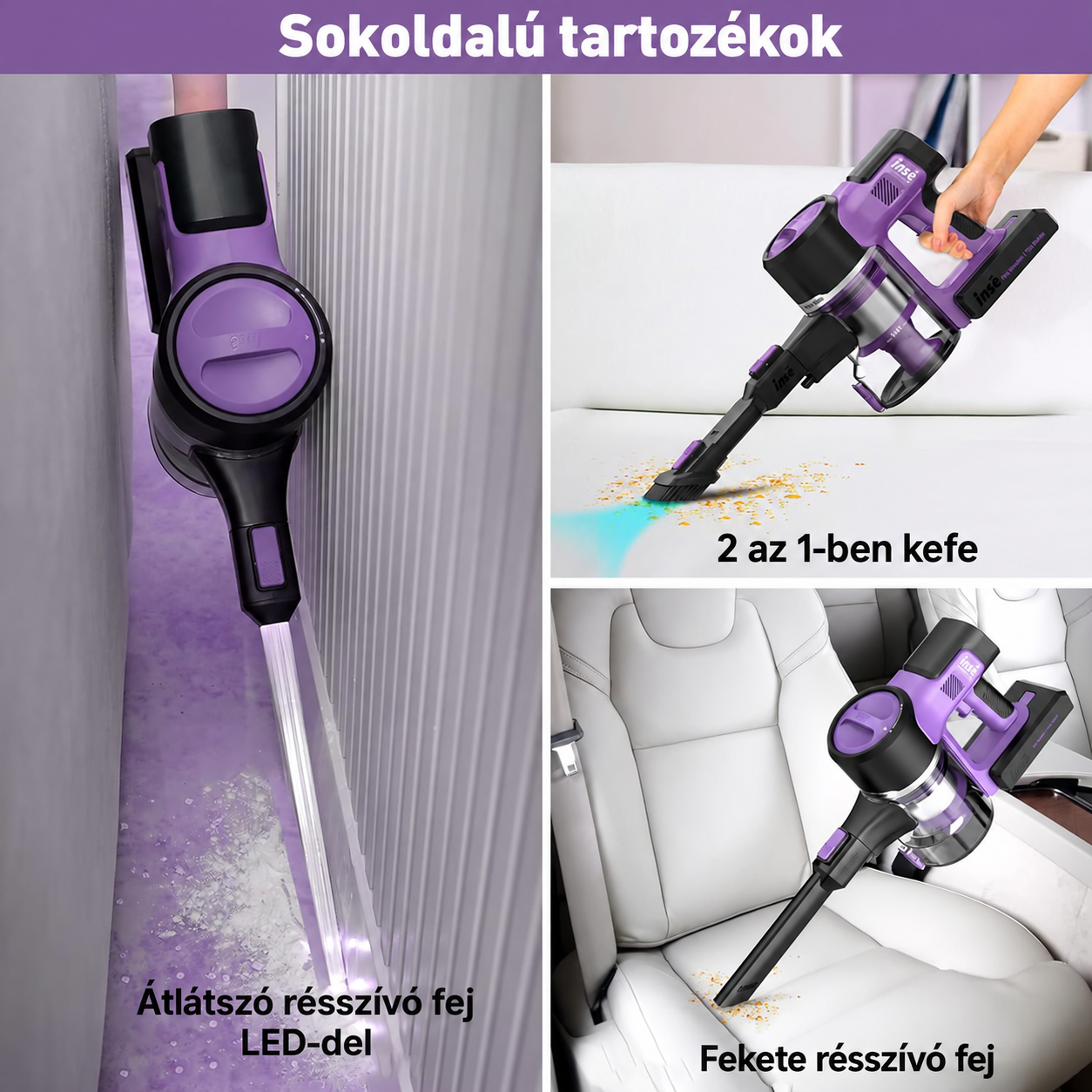 Lila színű vezeték nélküli porszívó különböző tartozékokkal padló, kanapé és autósülés tisztításához.