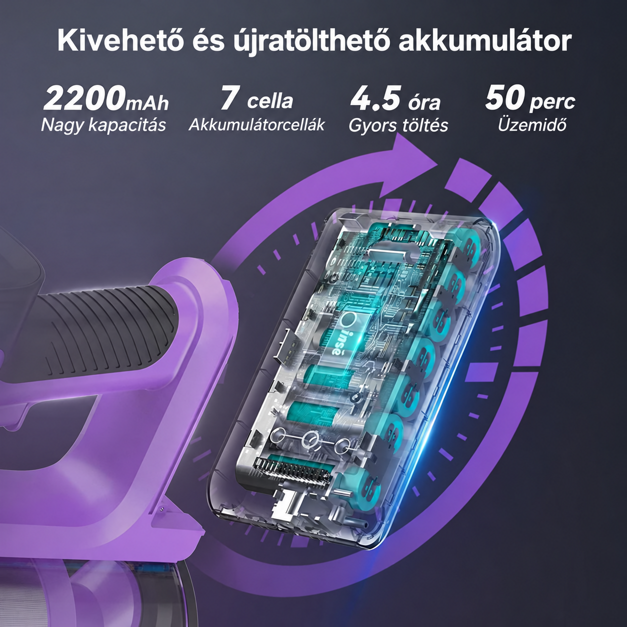 Kivehető és újratölthető akkumulátor ábrája kapacitási és töltési adatokkal.