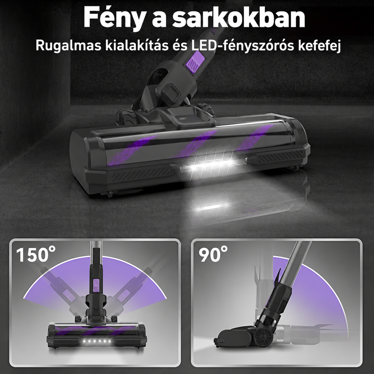 Porszívókefe LED fénnyel és két 150 és 90 fokos szögbetéttel.