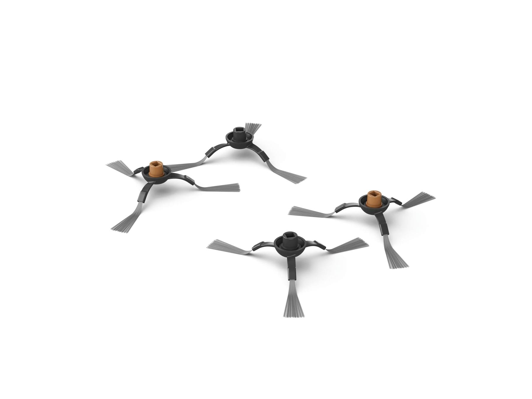 Cuatro cepillos laterales negros para aspirador robot con cerdas grises.