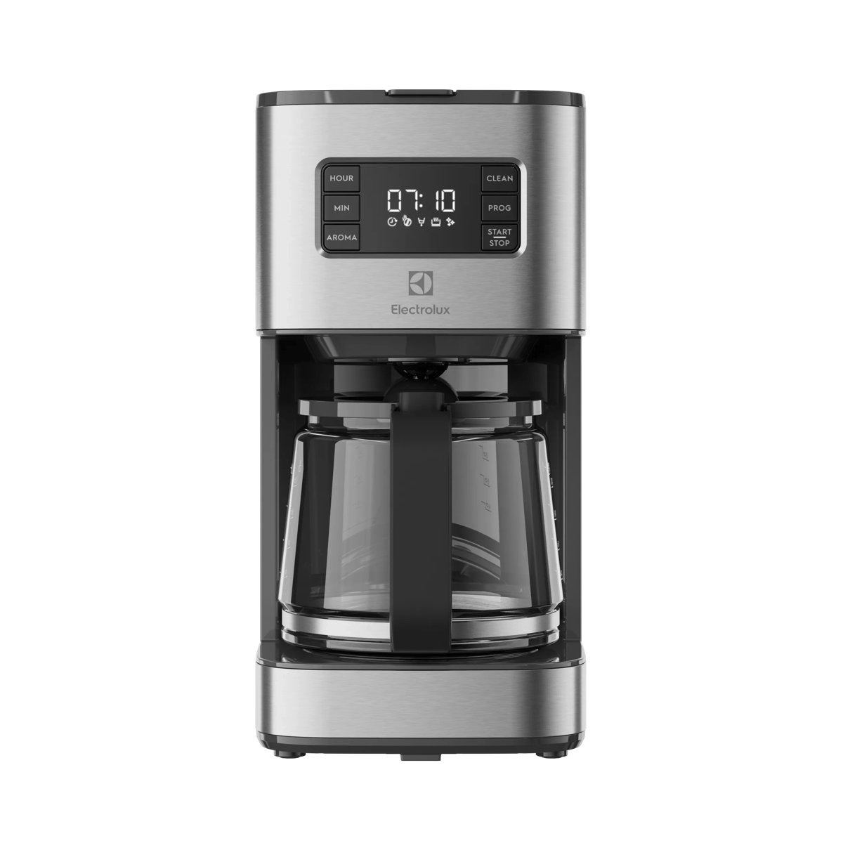 Una macchina da caffè a filtro Electrolux argento e nera con display digitale e caraffa in vetro su sfondo bianco.