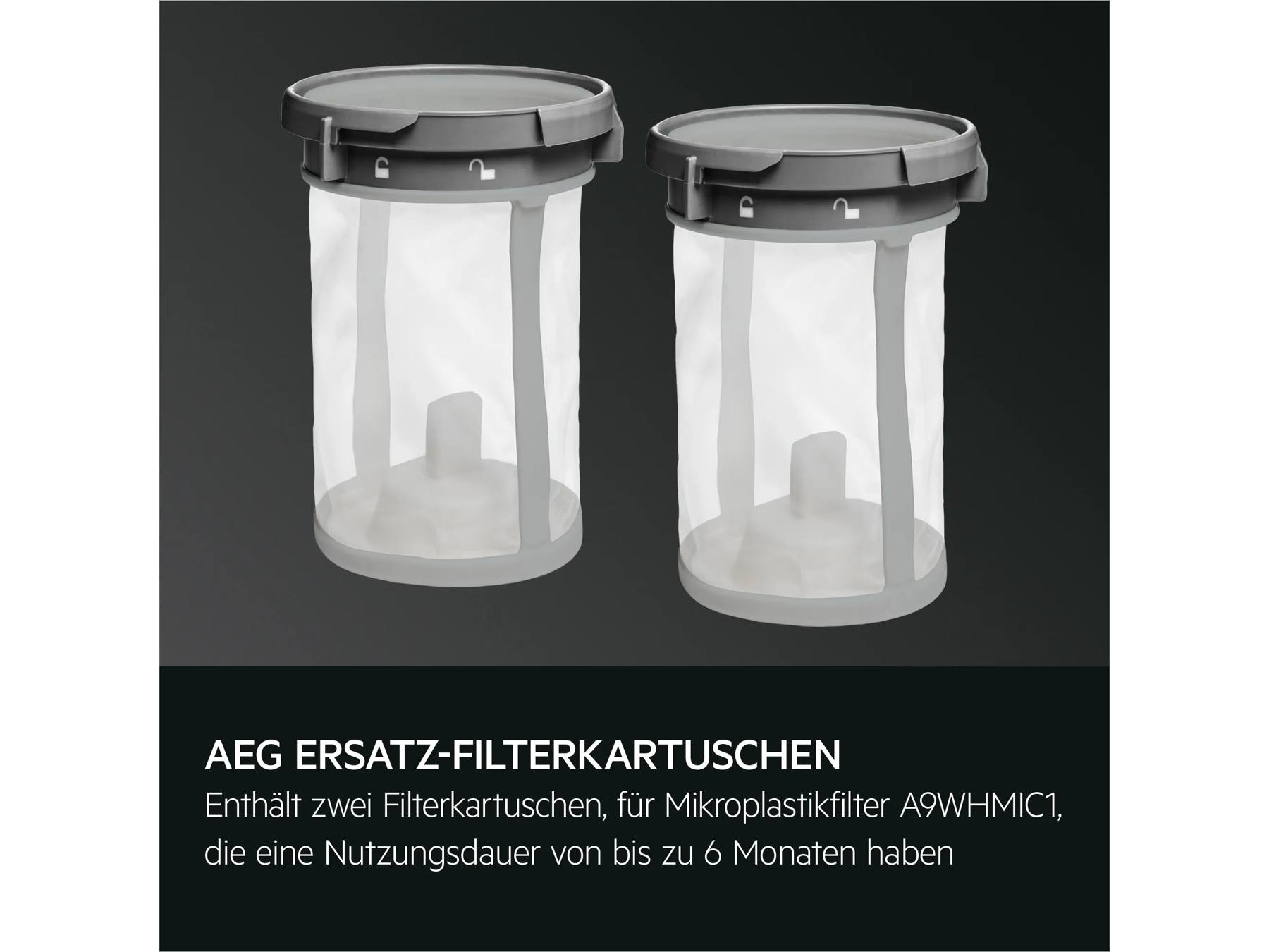 Zwei zylindrische AEG-Ersatzfilterkartuschen mit grauen Deckeln und transparenten Netzkörpern vor dunklem Hintergrund.