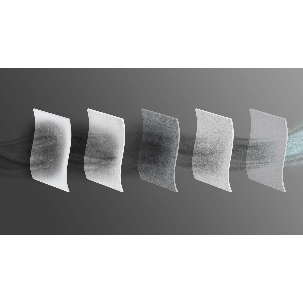 Cinco capas de filtro limpian el aire oscuro de izquierda a derecha.