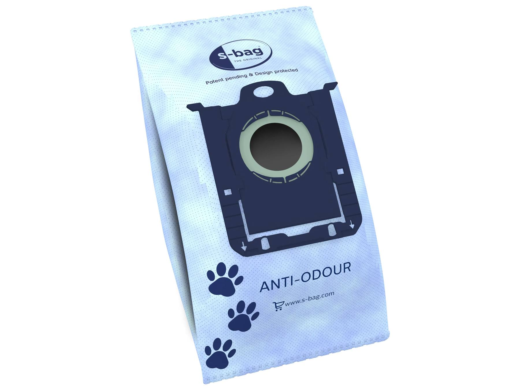 Una bolsa de aspiradora S-bag antiolor azul con huellas de patas.