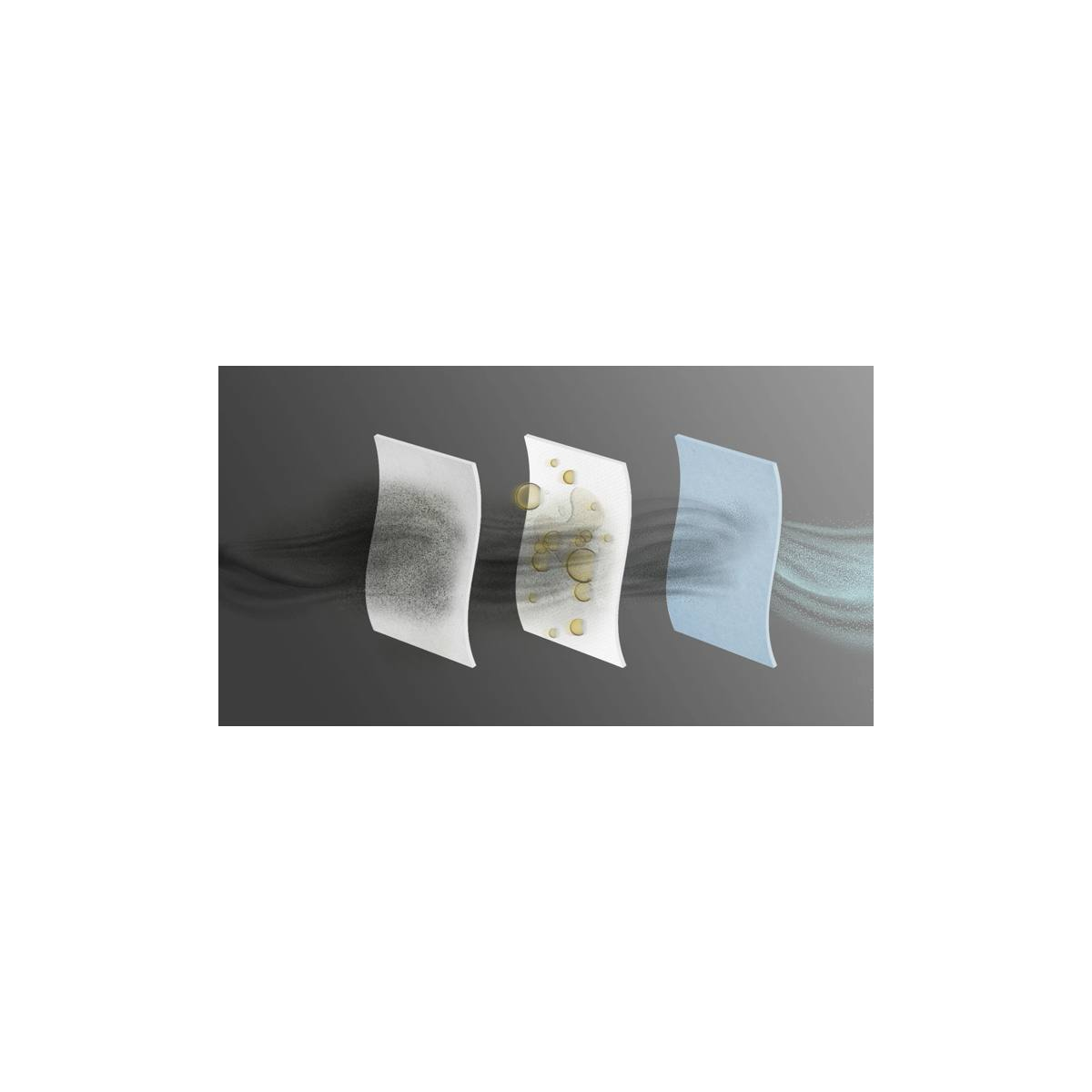 Tres capas de filtro sobre fondo gris que muestran la purificación del aire con humo y aceite.
