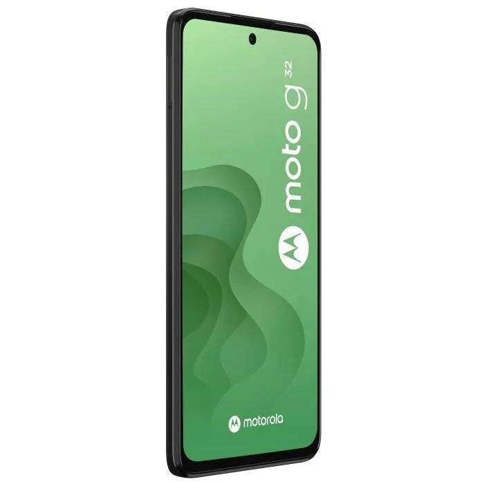 A black Motorola G32 smartphone showing a green background on its screen.