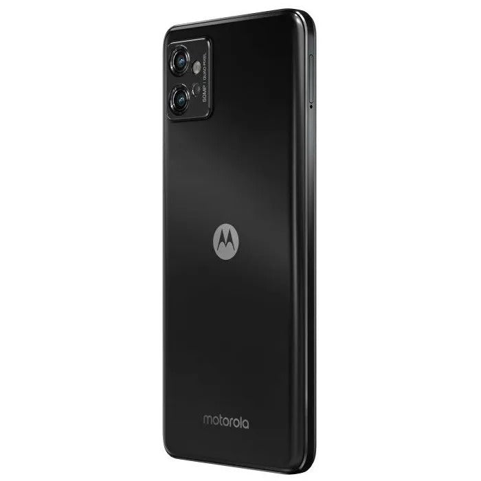 Back of a black Motorola smartphone with dual camera and Motorola logo on a white background.