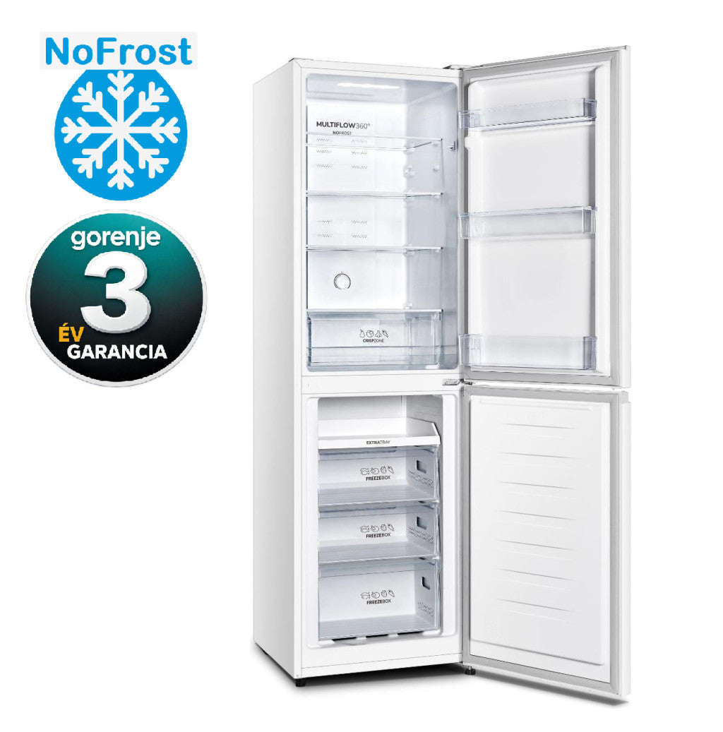 Frigorifero bianco Gorenje con tecnologia NoFrost e porte aperte, accompagnato da loghi promozionali.