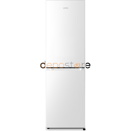 Un frigorifero bianco Gorenje con congelatore inferiore isolato su sfondo nero.