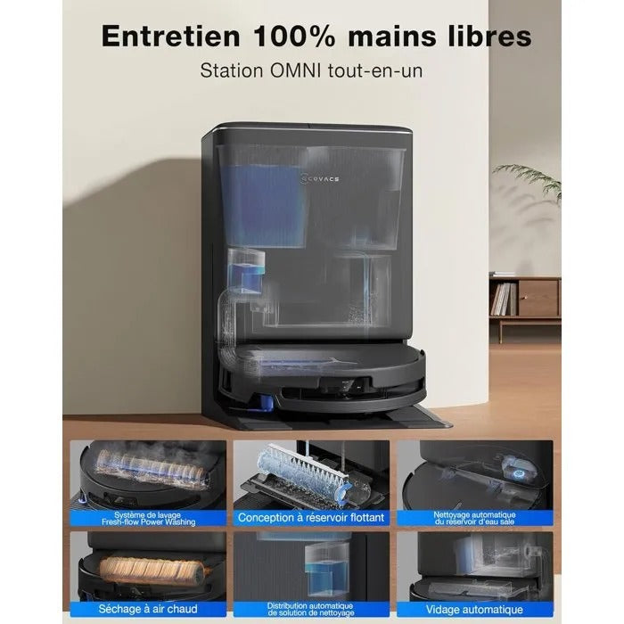 Roboterstaubsauger mit OMNI-Station, Wassertanks, Heißlufttrocknung und automatischer Entleerung.