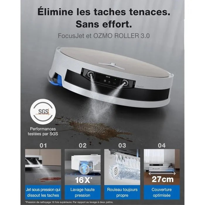 Ein Saugroboter sprüht Wasser auf Flecken, mit vier Funktionsdetails unten.