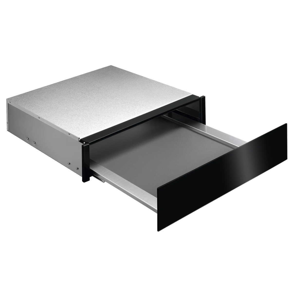 Un cassetto in metallo argento con frontale nero, aperto a metà su sfondo nero.