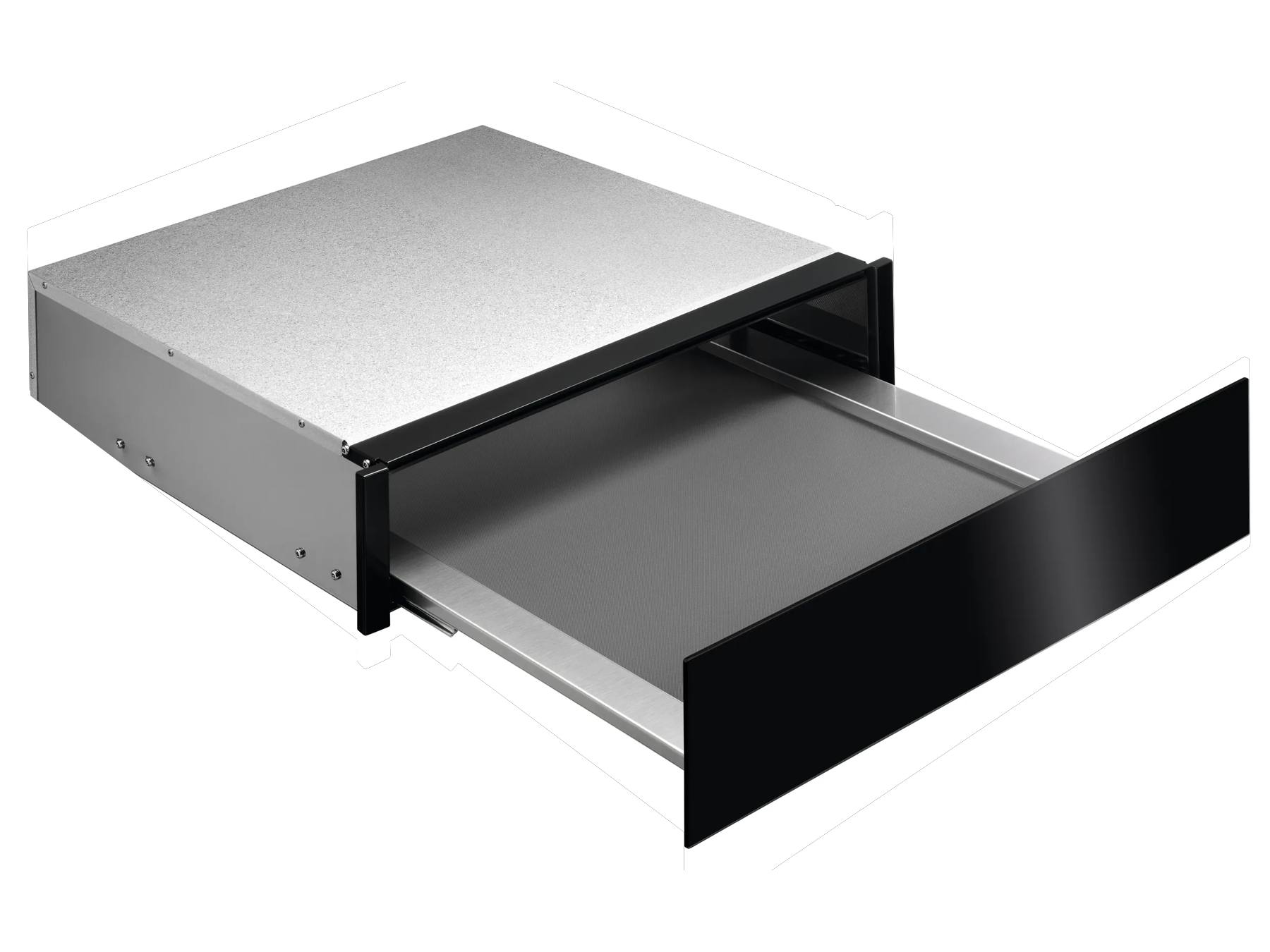 Cassetto scaldavivande argentato con frontale nero opaco, estratto a metà su sfondo chiaro.