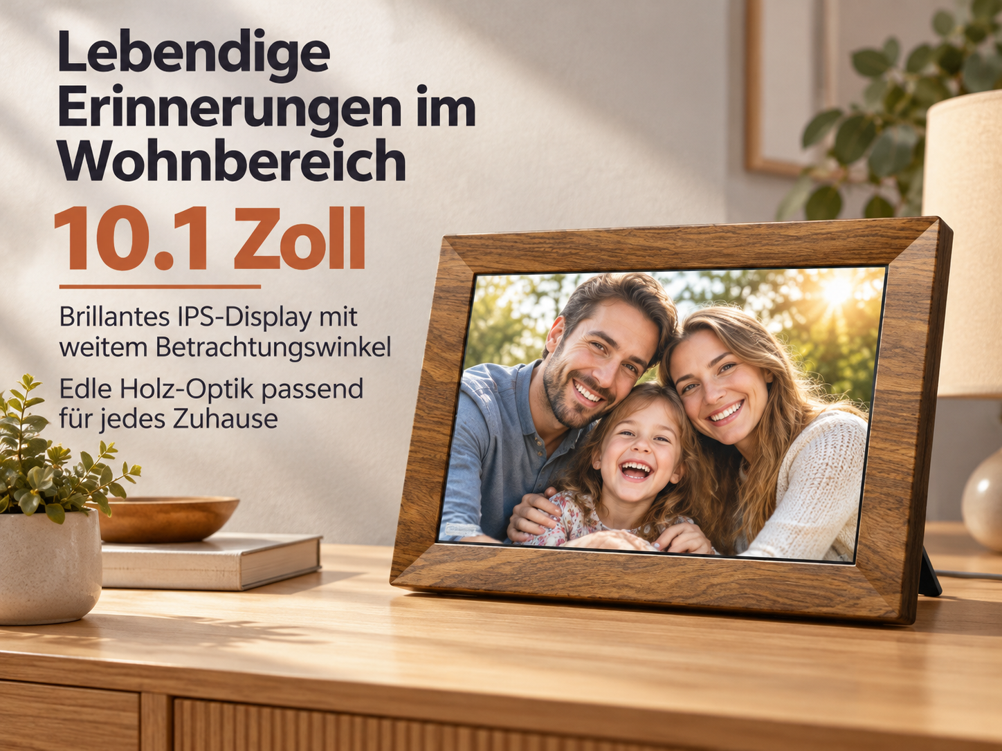 Ein digitaler Bilderrahmen mit Holzoptik zeigt eine glückliche Familie auf einem Tisch.