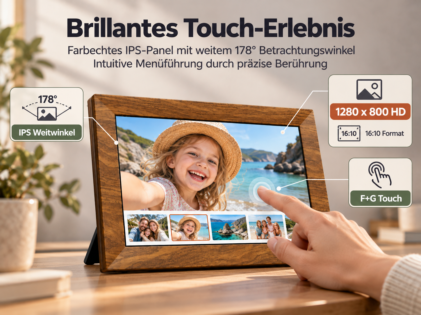Ein hölzerner digitaler Bilderrahmen zeigt ein Mädchen am Strand, während ein Finger den Touchscreen berührt.