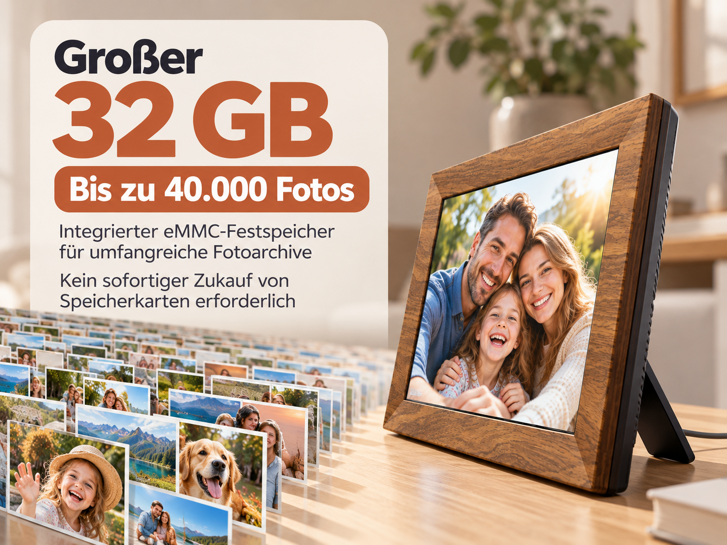 Holzfarbener digitaler Bilderrahmen mit glücklicher Familie und Hund im Hintergrund.