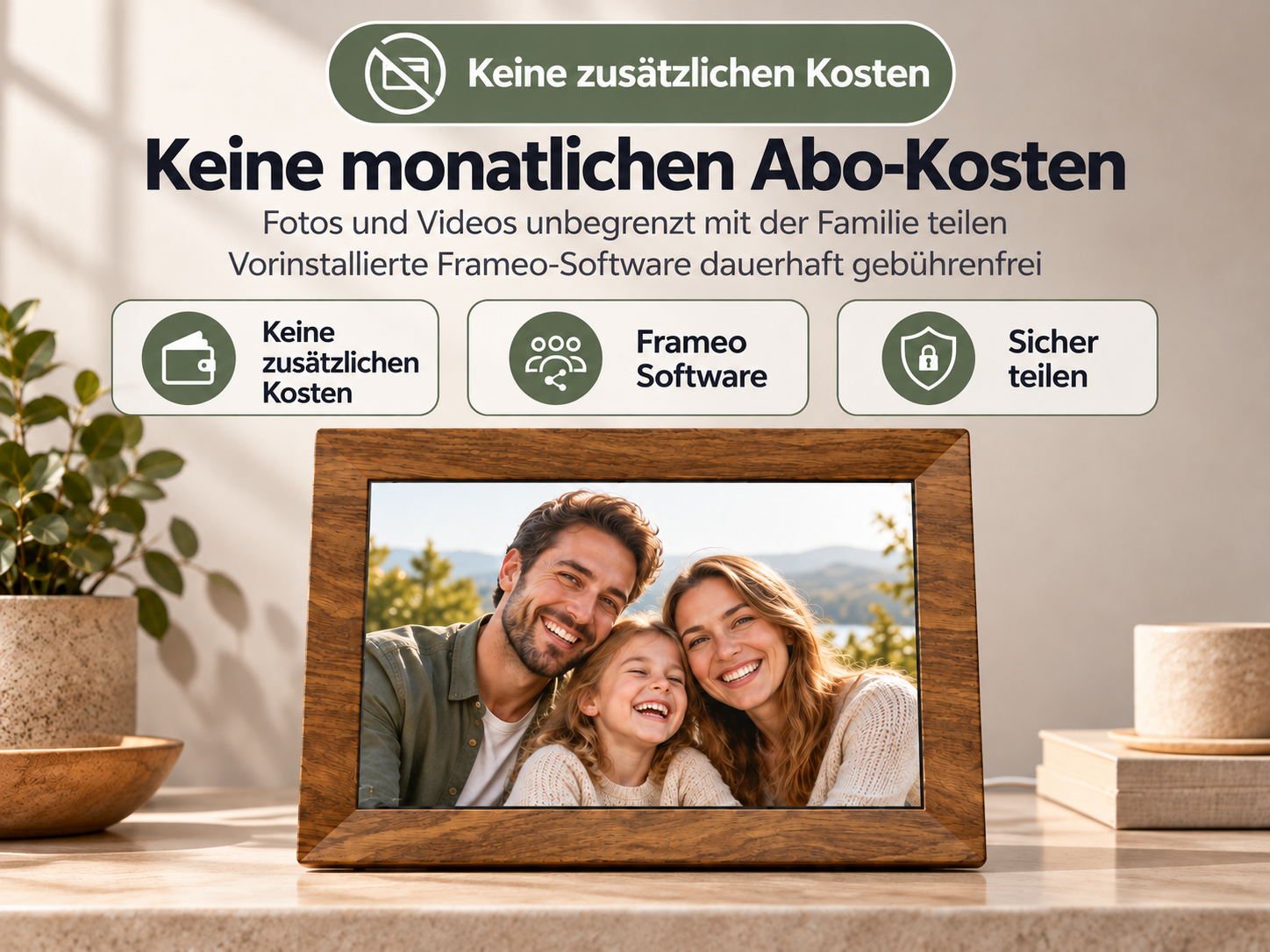 Digitaler Bilderrahmen mit einer Familie auf dem Display und deutschem Werbetext mit Symbolen.