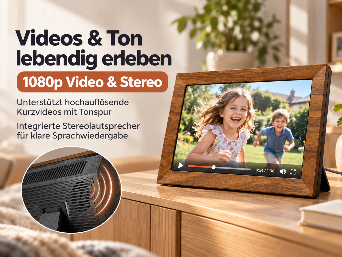 Holzfarbener digitaler Fotorahmen auf einem Tisch zeigt zwei Kinder, mit Inset-Bild der Lautsprecherrückseite.