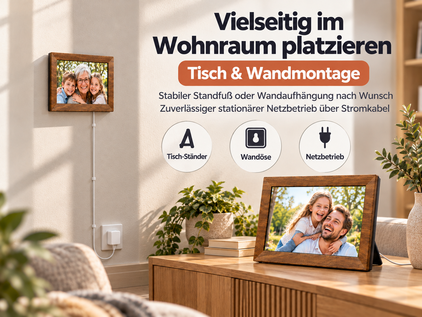 Digitale Bilderrahmen auf Tisch und an Wand, mit Infografik und Text.