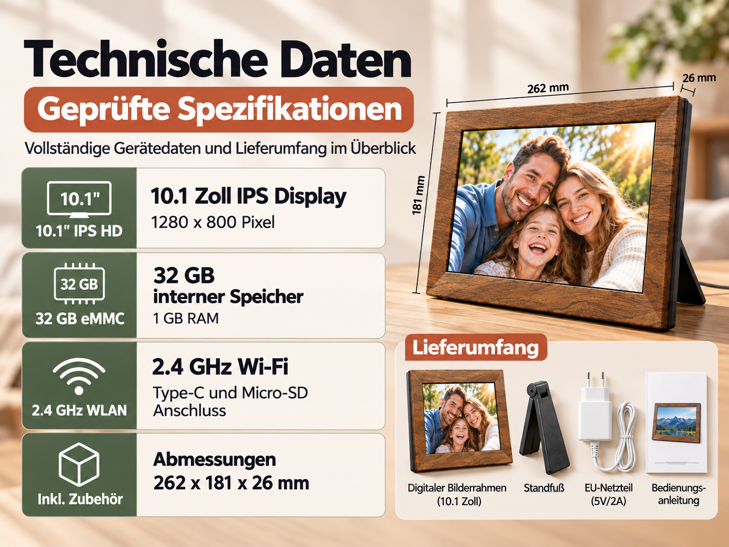 Technische Daten und Lieferumfang eines digitalen Bilderrahmens mit 10,1-Zoll-IPS-Display, 32 GB Speicher und Zubehör.