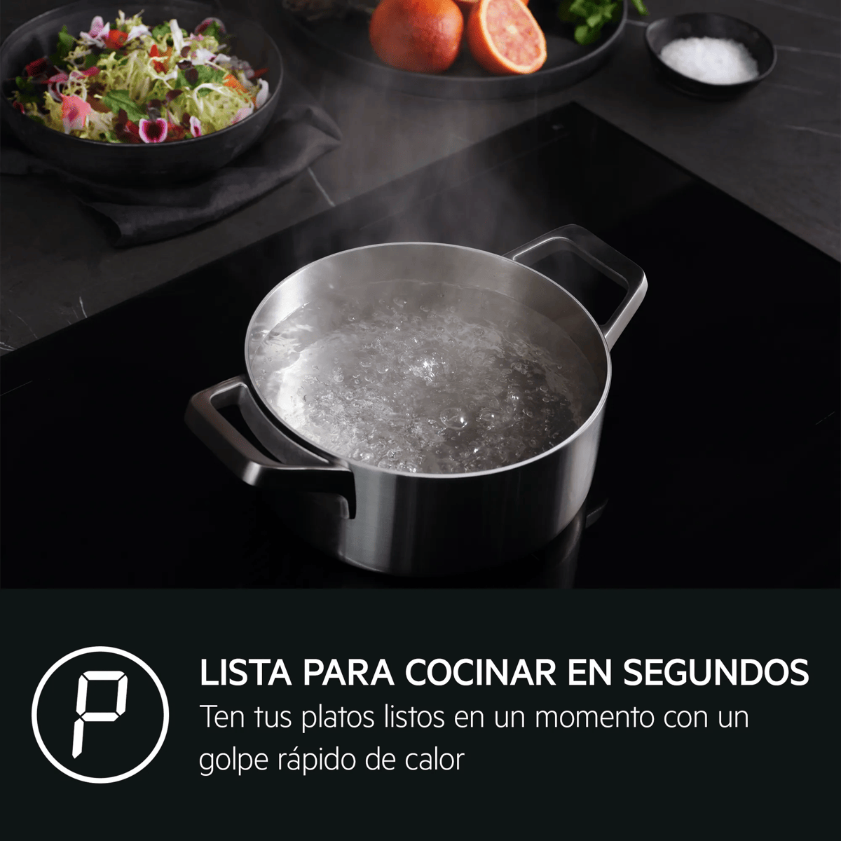 Una olla con agua hirviendo en una estufa, rodeada de alimentos y texto sobre cocina rápida.