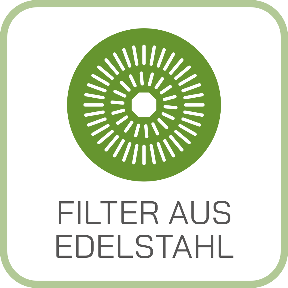 Gruenes Symbol mit weissem Filterdesign und dem Text FILTER AUS EDELSTAHL.