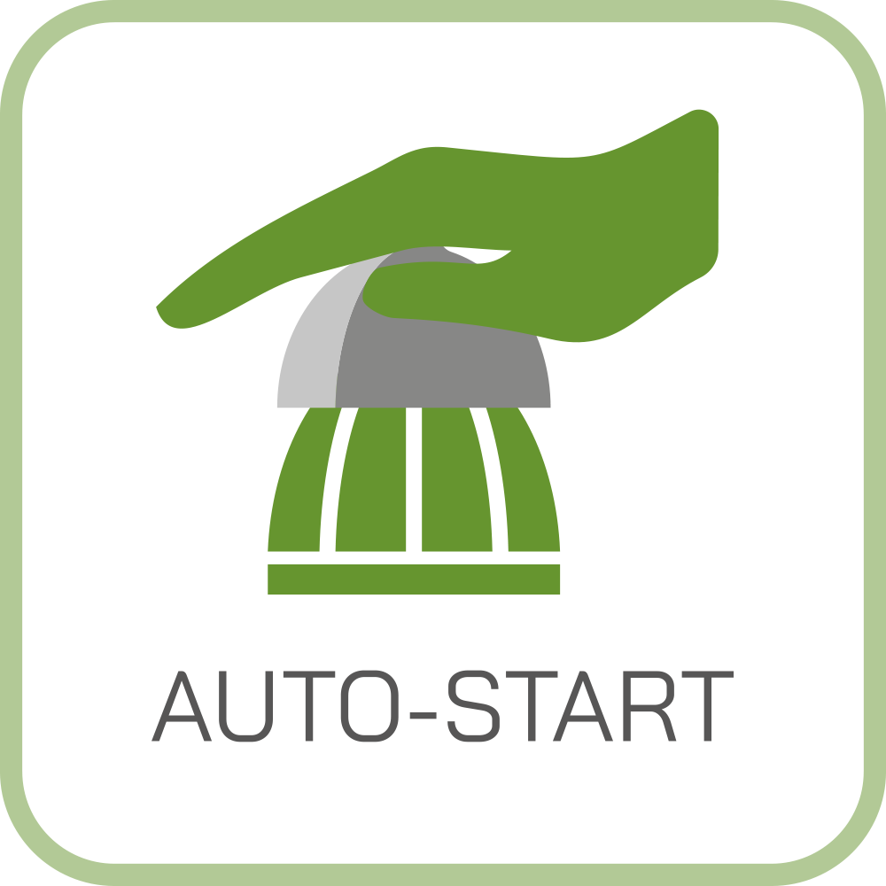 Ein grünes Icon zeigt eine Hand, die auf eine Zitruspresse drückt, darunter steht der Text AUTO-START.