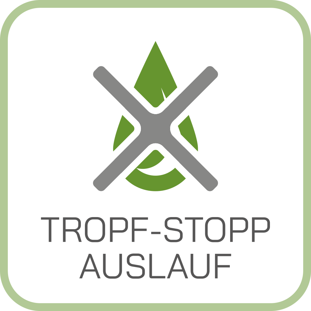 Symbol mit einem grünen Blatt-Tropfen, durchgestrichen mit grauem "X", und dem Text "TROPF-STOPP AUSLAUF".