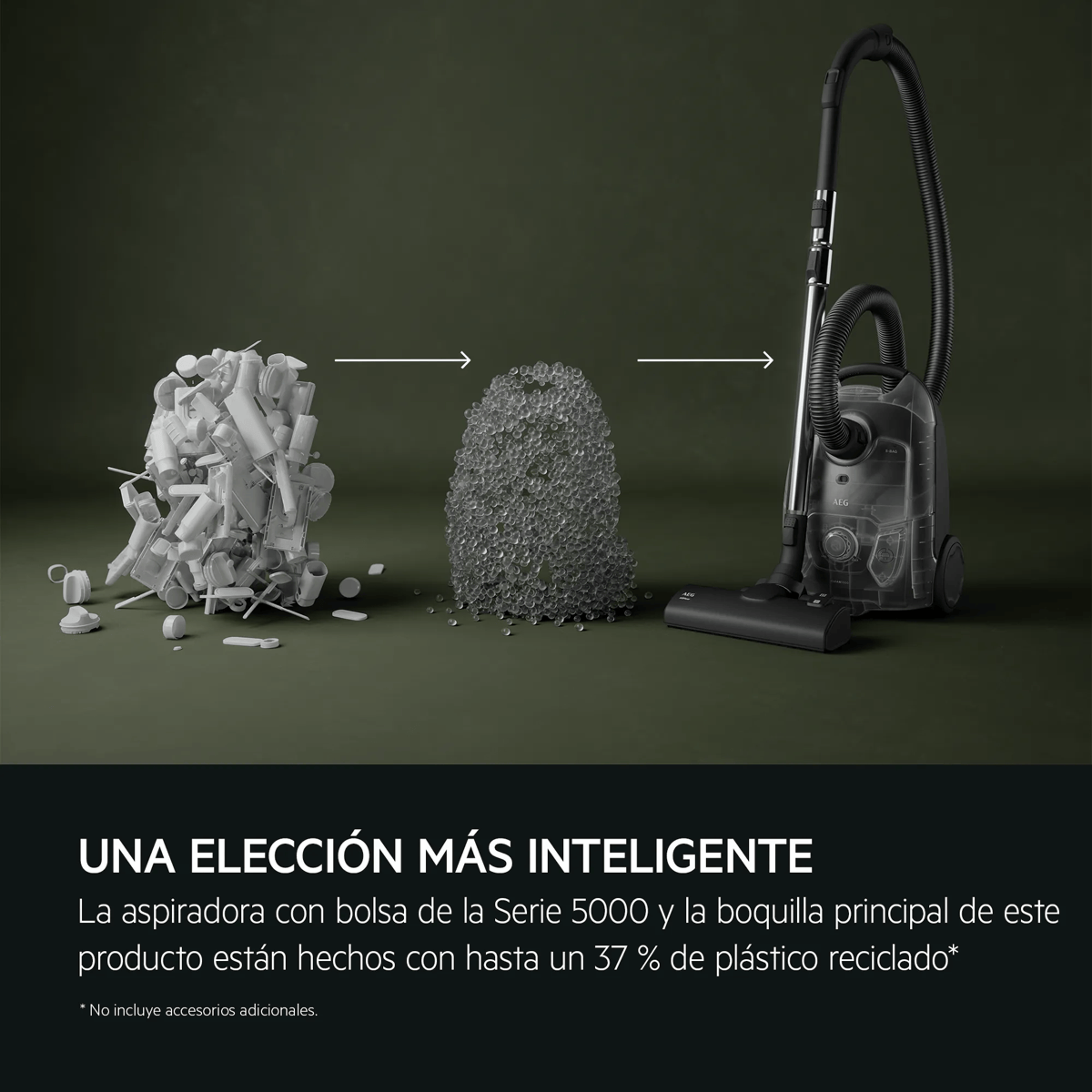 Fondo negro muestra residuos plásticos transformándose en granza y luego en aspiradora, con texto en español abajo.