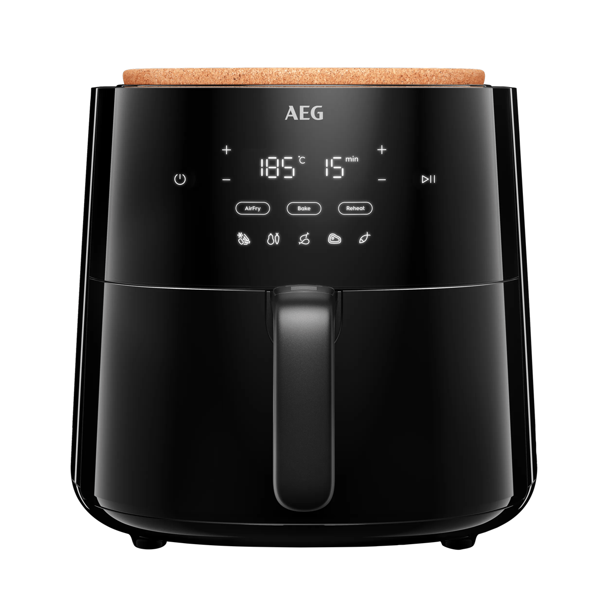 Freidora de aire AEG negra con pantalla digital y tapa de corcho en la parte superior.