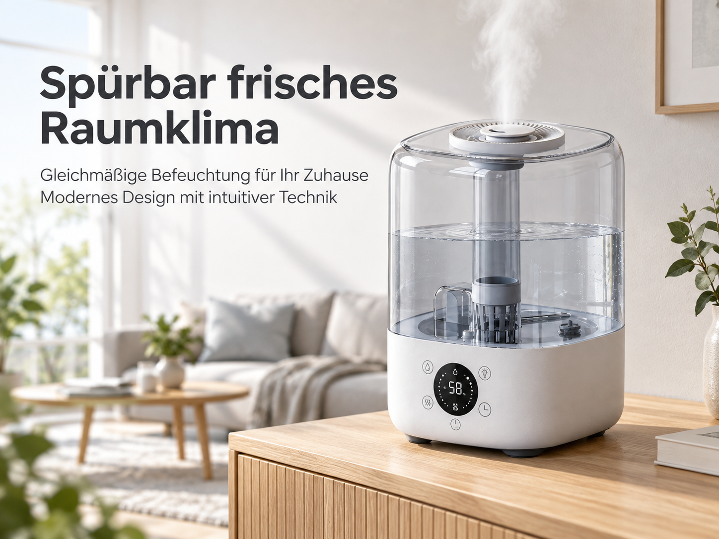 Ein weißer Luftbefeuchter auf einem Holztisch sprüht Nebel, im Hintergrund Text und ein verschwommenes Wohnzimmer.