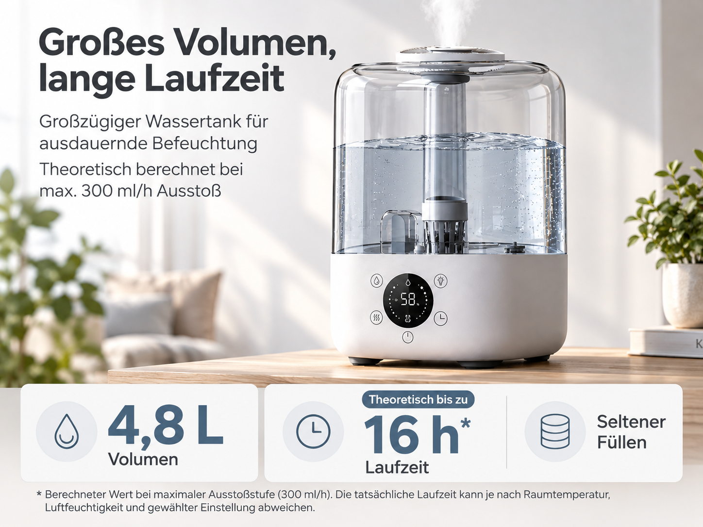 Ein großer, weißer Luftbefeuchter mit klarem Wassertank und digitalem Display steht auf einem Holztisch.