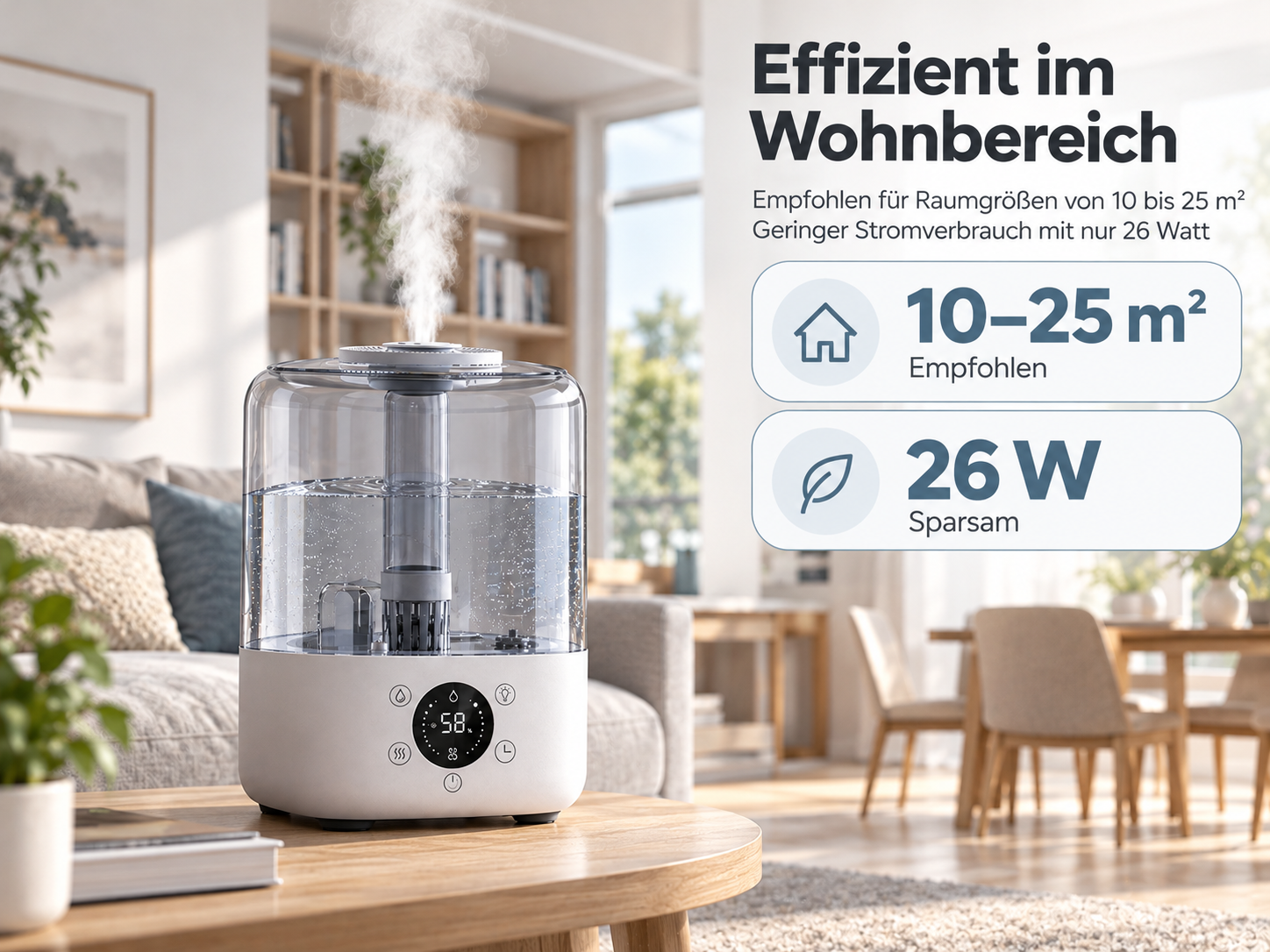 Ein weißer Luftbefeuchter mit sichtbarem Wassertank und Dampfstößen auf einem Tisch in einem Wohnzimmer.