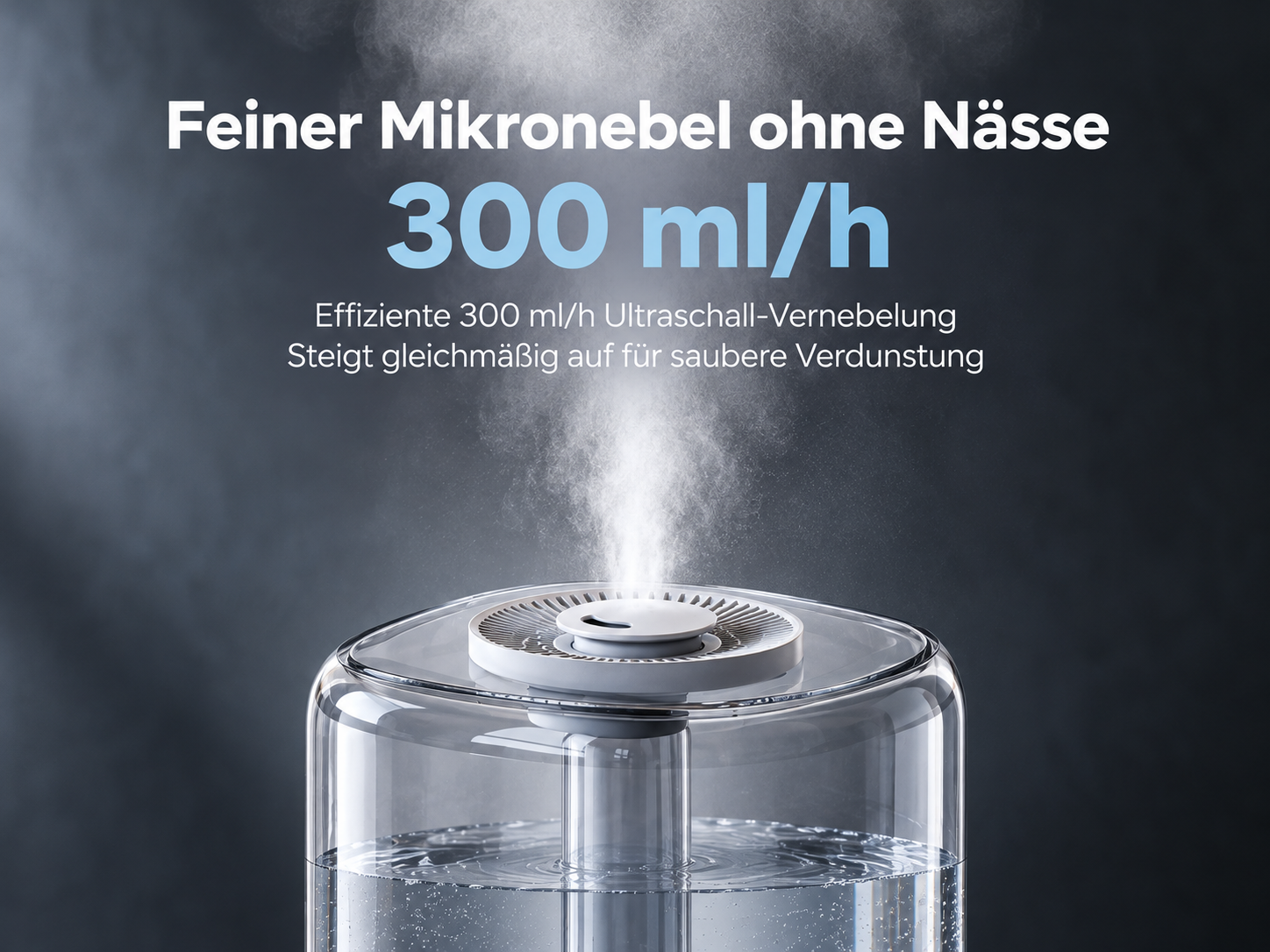 Ein transparenter Luftbefeuchter stößt feinen Nebel aus, mit Text darüber.