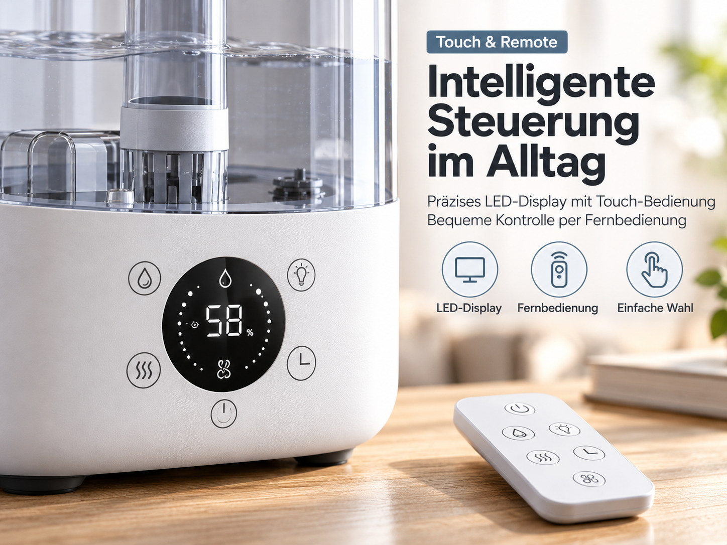 Luftbefeuchter mit LED-Display und weißer Fernbedienung auf Holzoberfläche.