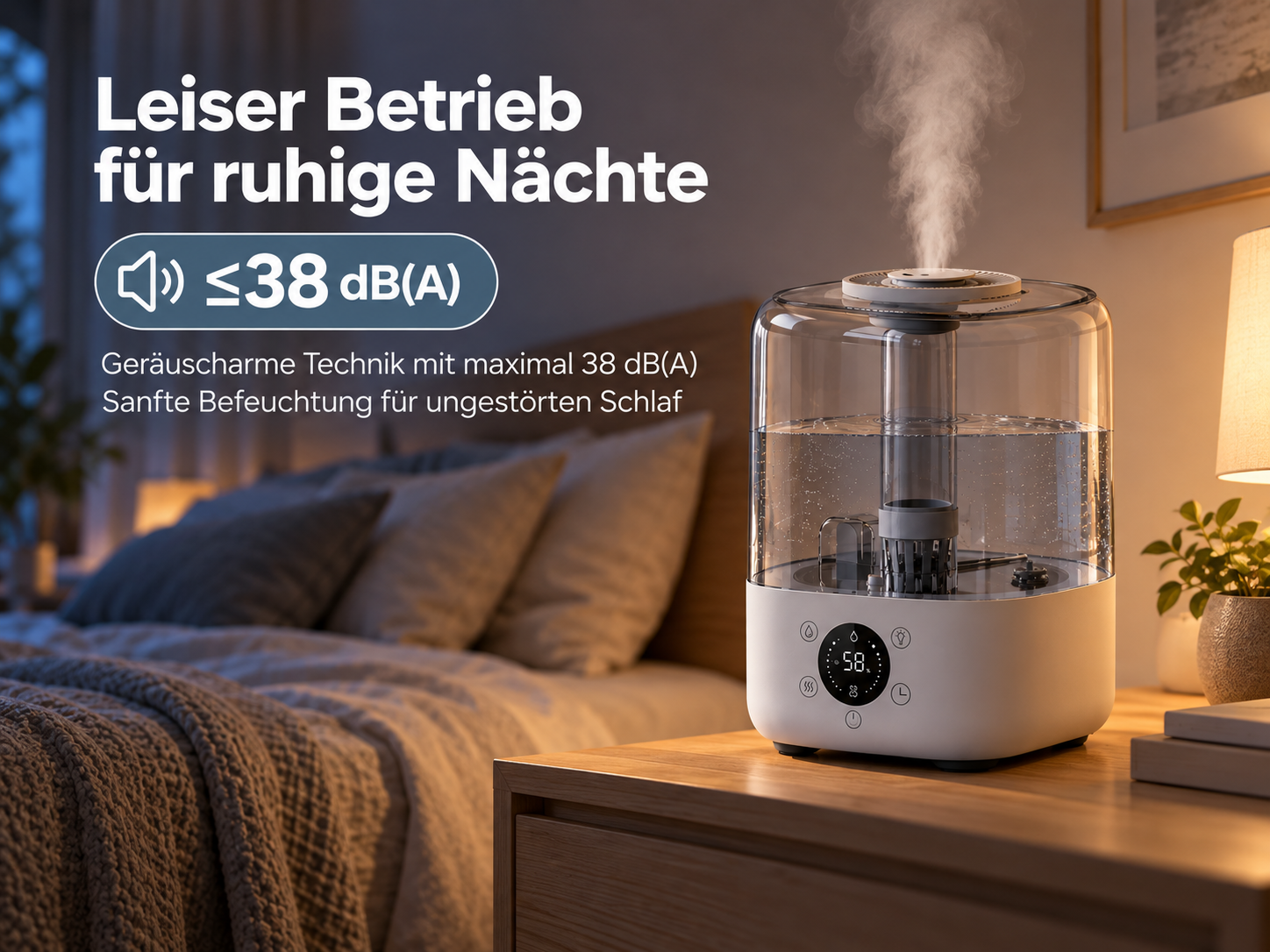 Ein weißer Luftbefeuchter mit aufsteigendem Nebel auf einem Nachttisch in einem ruhigen Schlafzimmer.