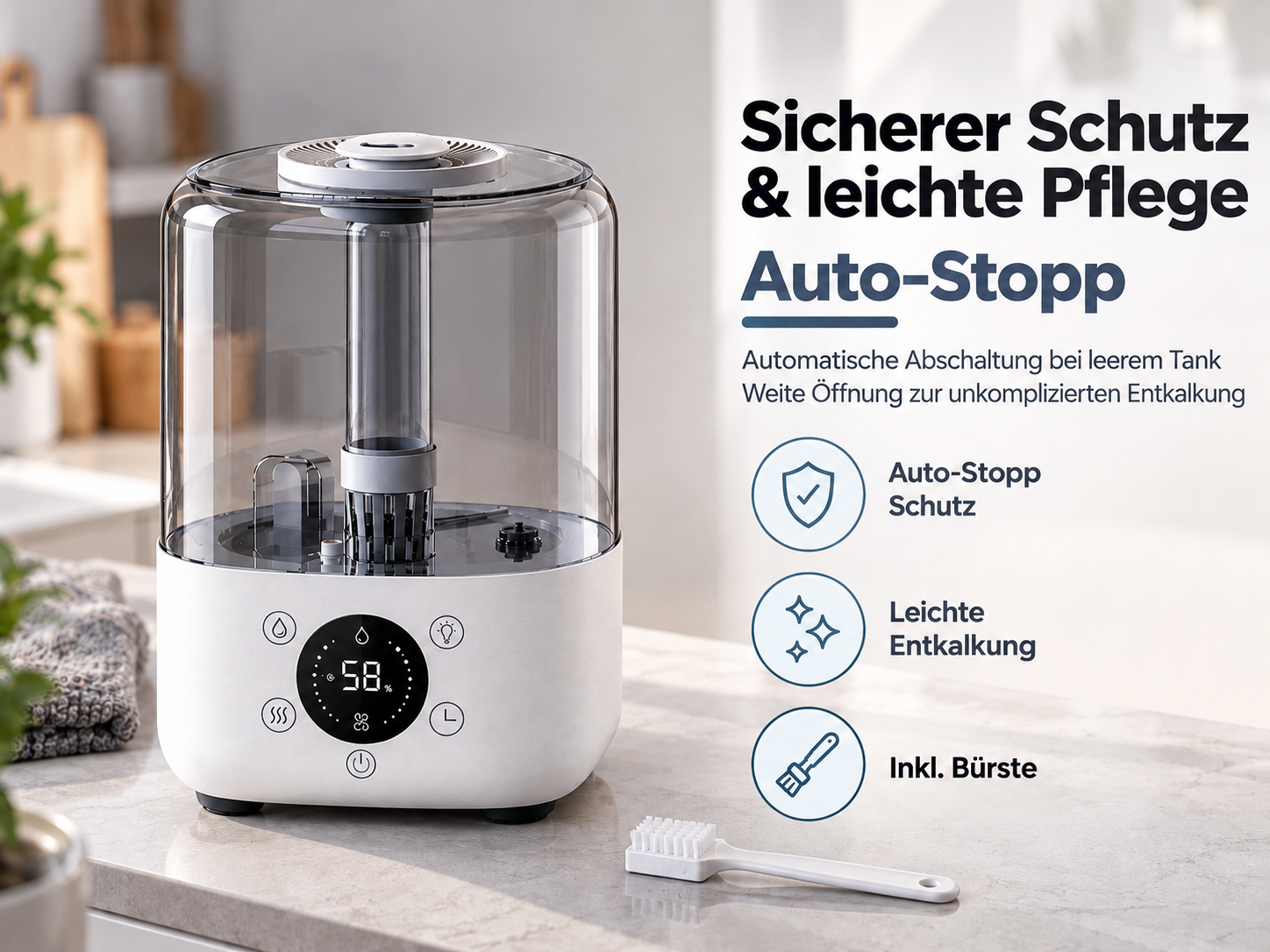 Ein weiß-grauer Luftbefeuchter auf einer Küchentheke mit deutscher Produktbeschreibung und einer kleinen Reinigungsbürste.