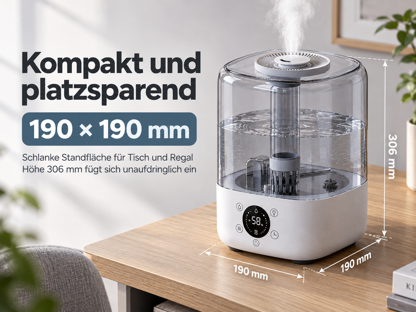 Kompakter weißer Luftbefeuchter auf einem Holztisch mit Maßangaben und deutschem Werbetext.