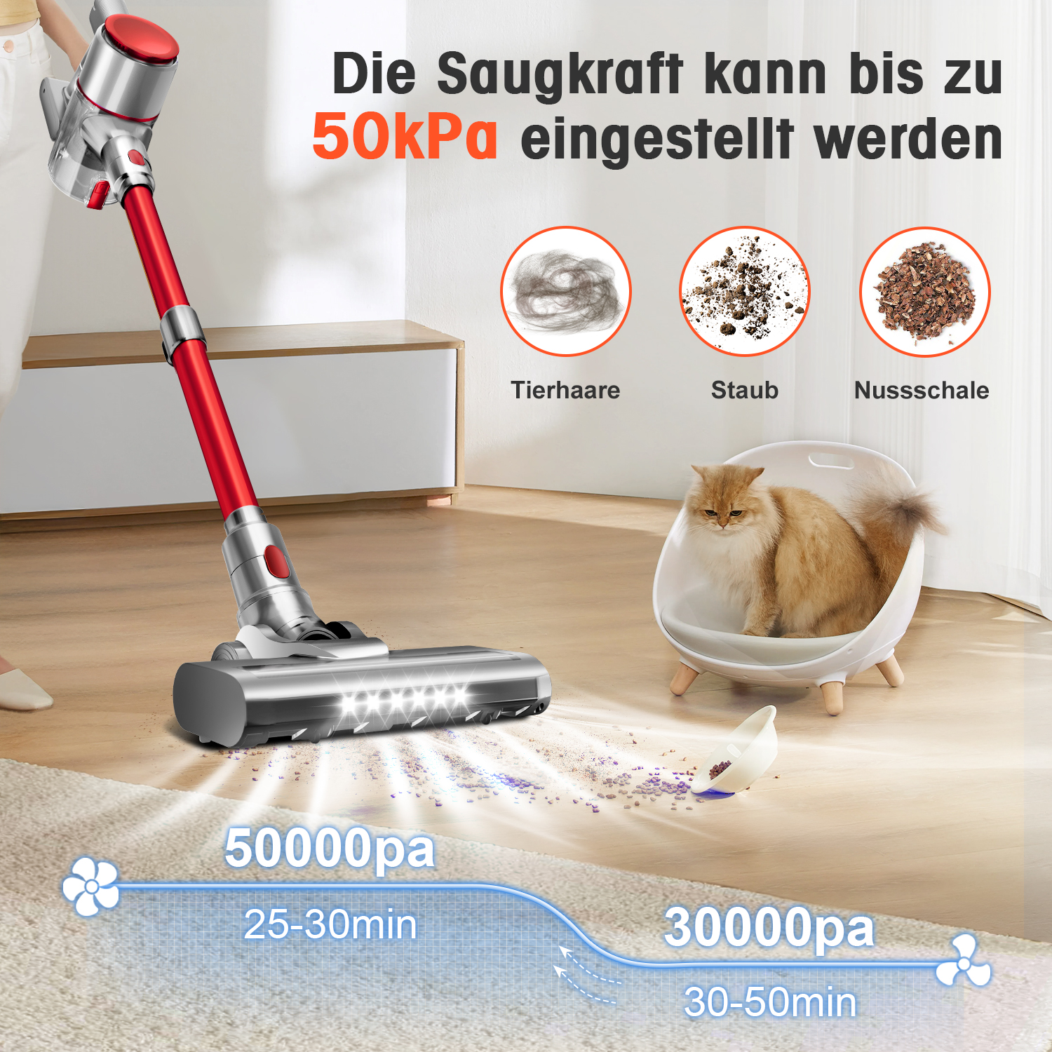 Ein roter Staubsauger reinigt einen Holzboden. Eine Katze sitzt in einem Körbchen daneben. Text im Bild.